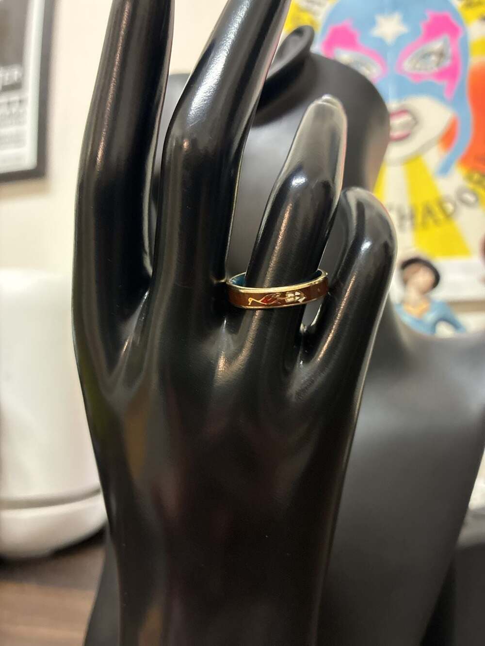 Vintage 1970s Cloisonne Enamel Band Ring Floral Slim Gold Blue